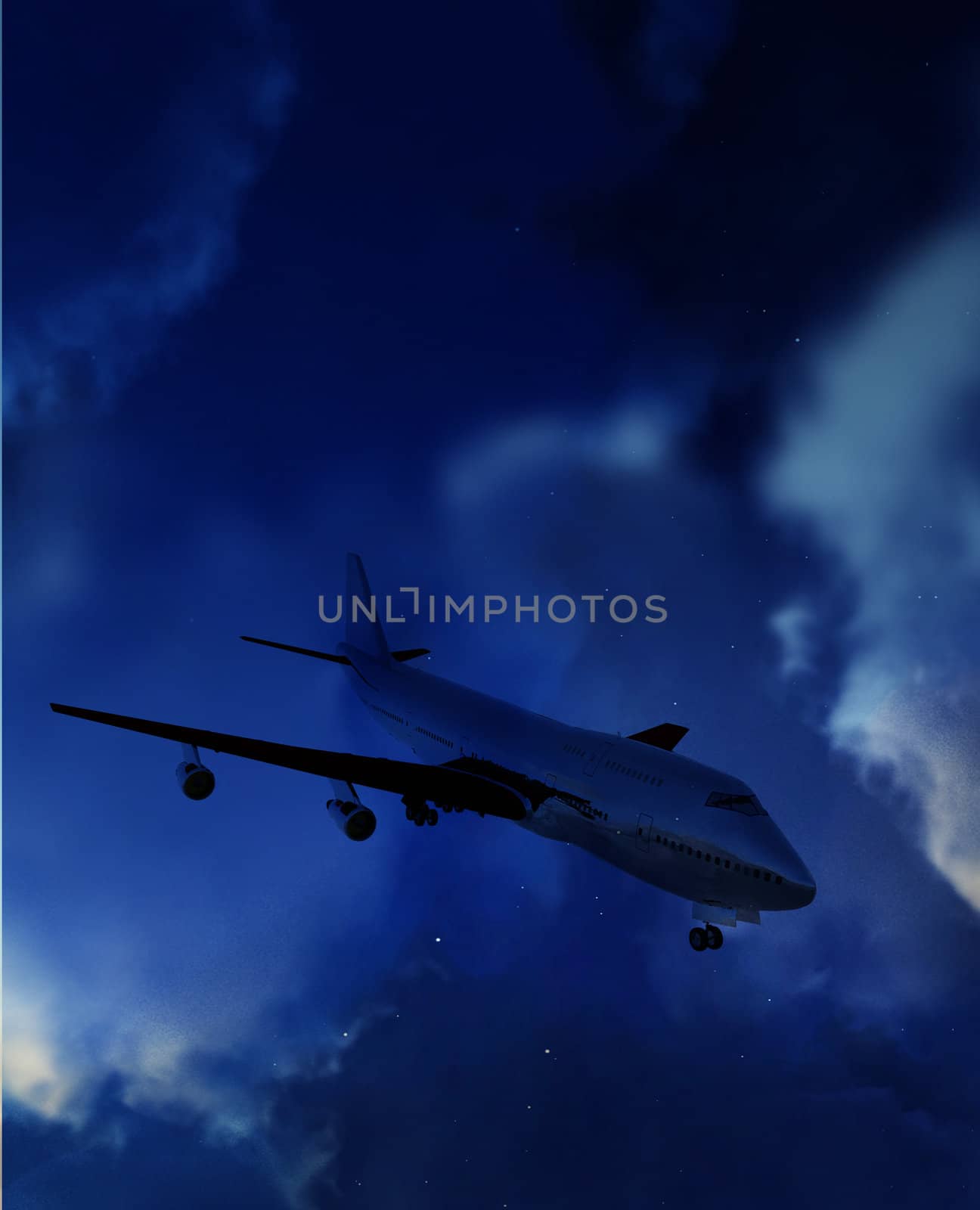An aircraft flying high in a cloudy sky. 