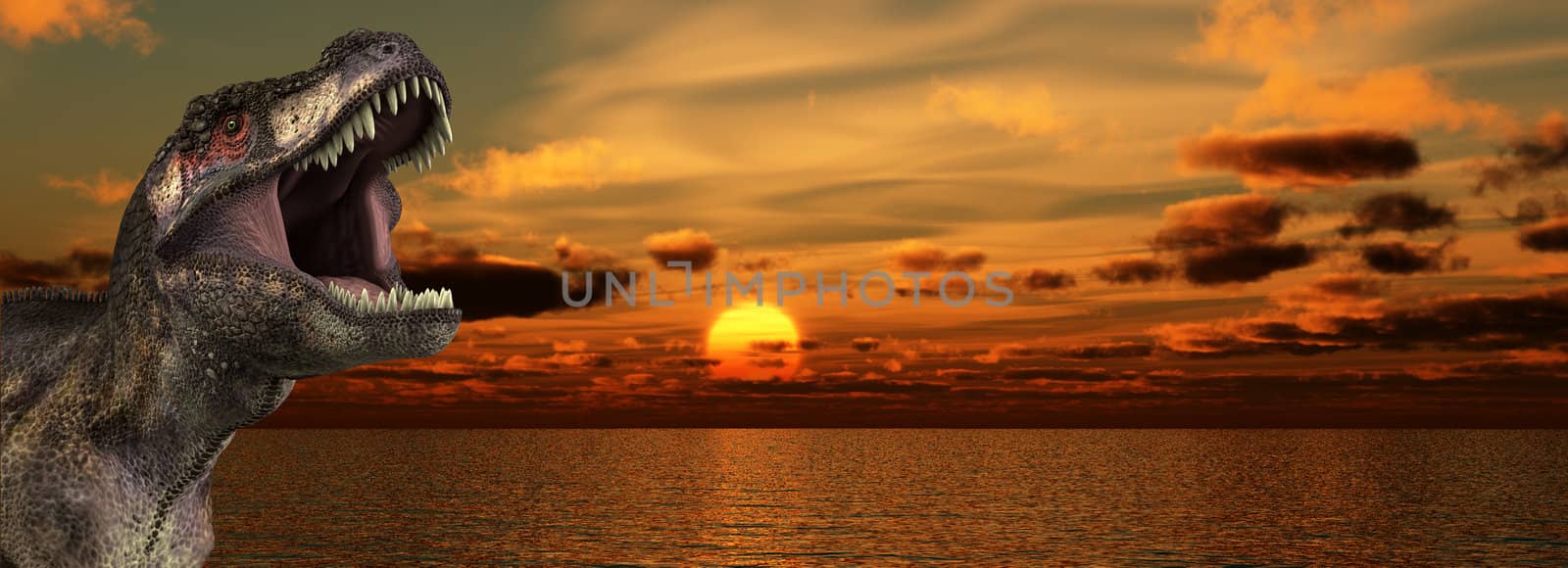 A Tyrannosaurus Rex roaring at a sunrise.