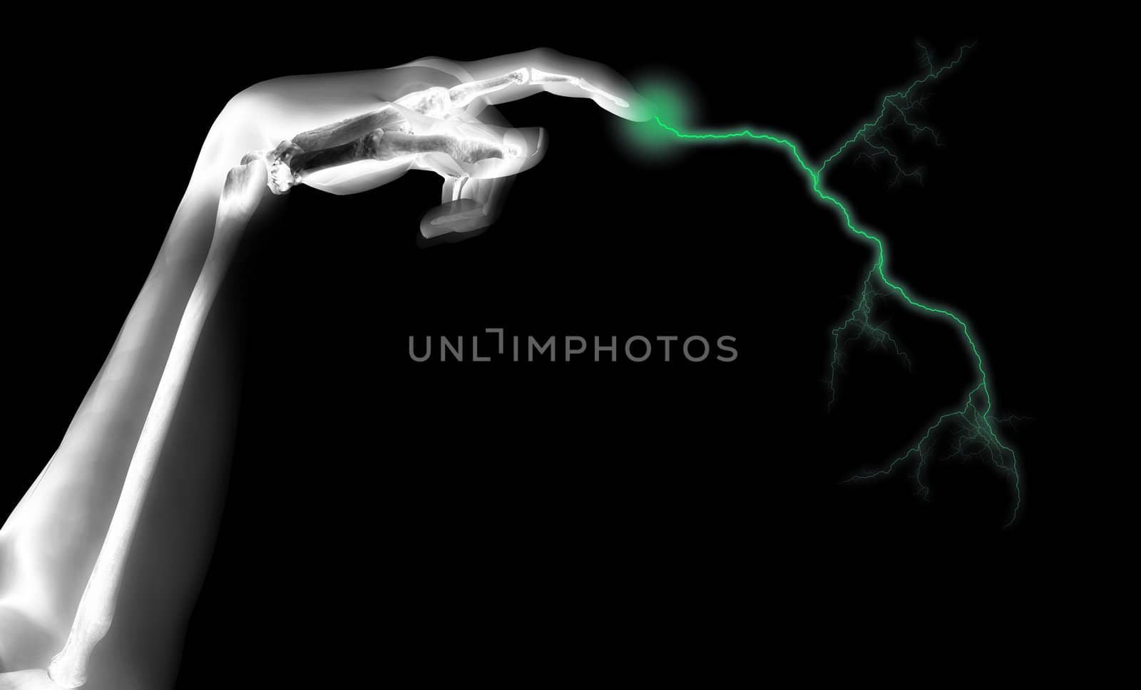 A skeleton hand that is shooting out electricity.