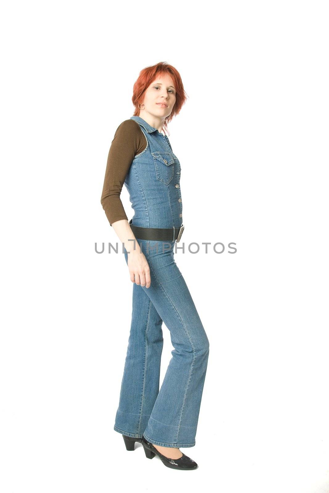 Young woman in blue denim isolated over white