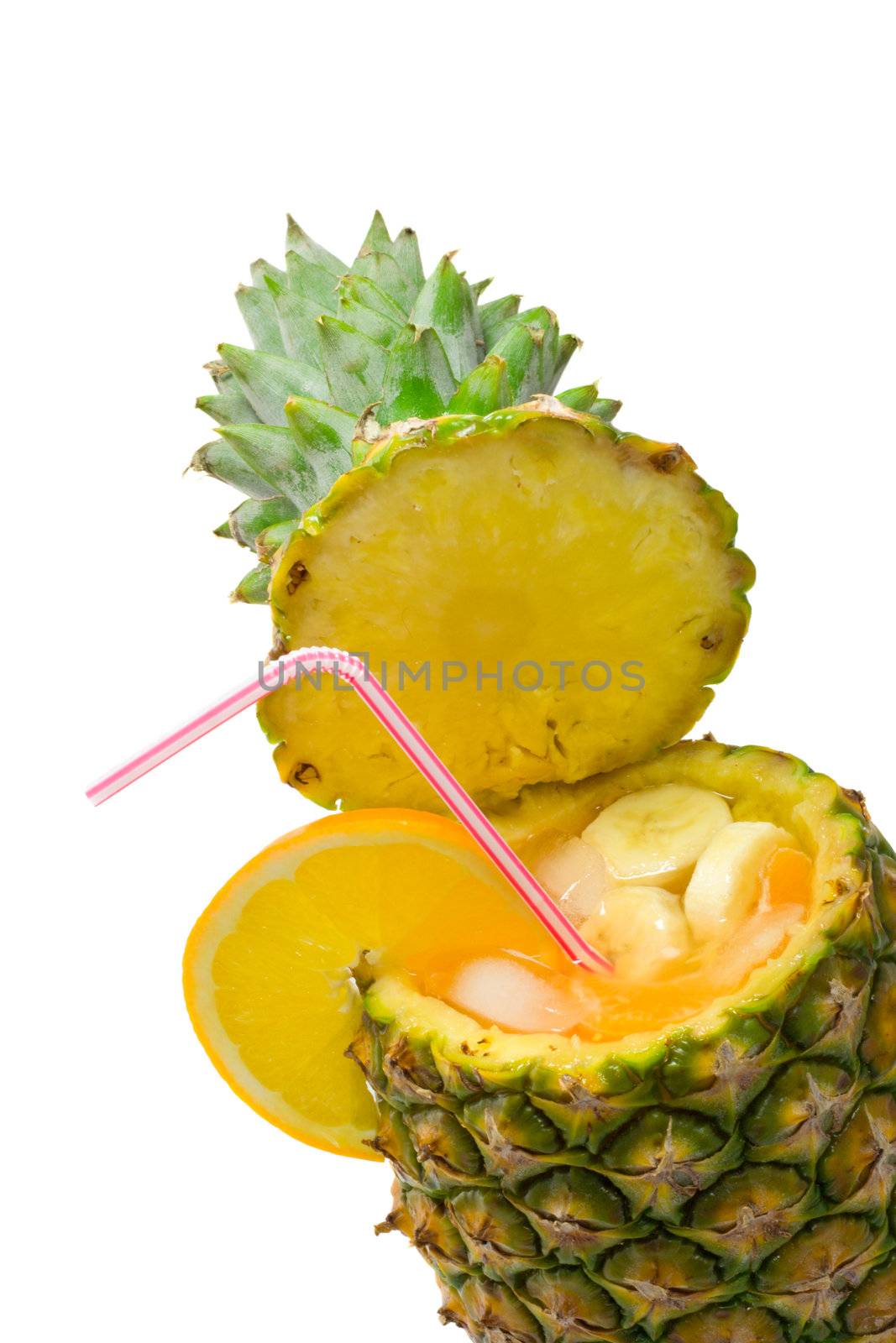 close-up cocktail with pineapple as cup, isolated on white