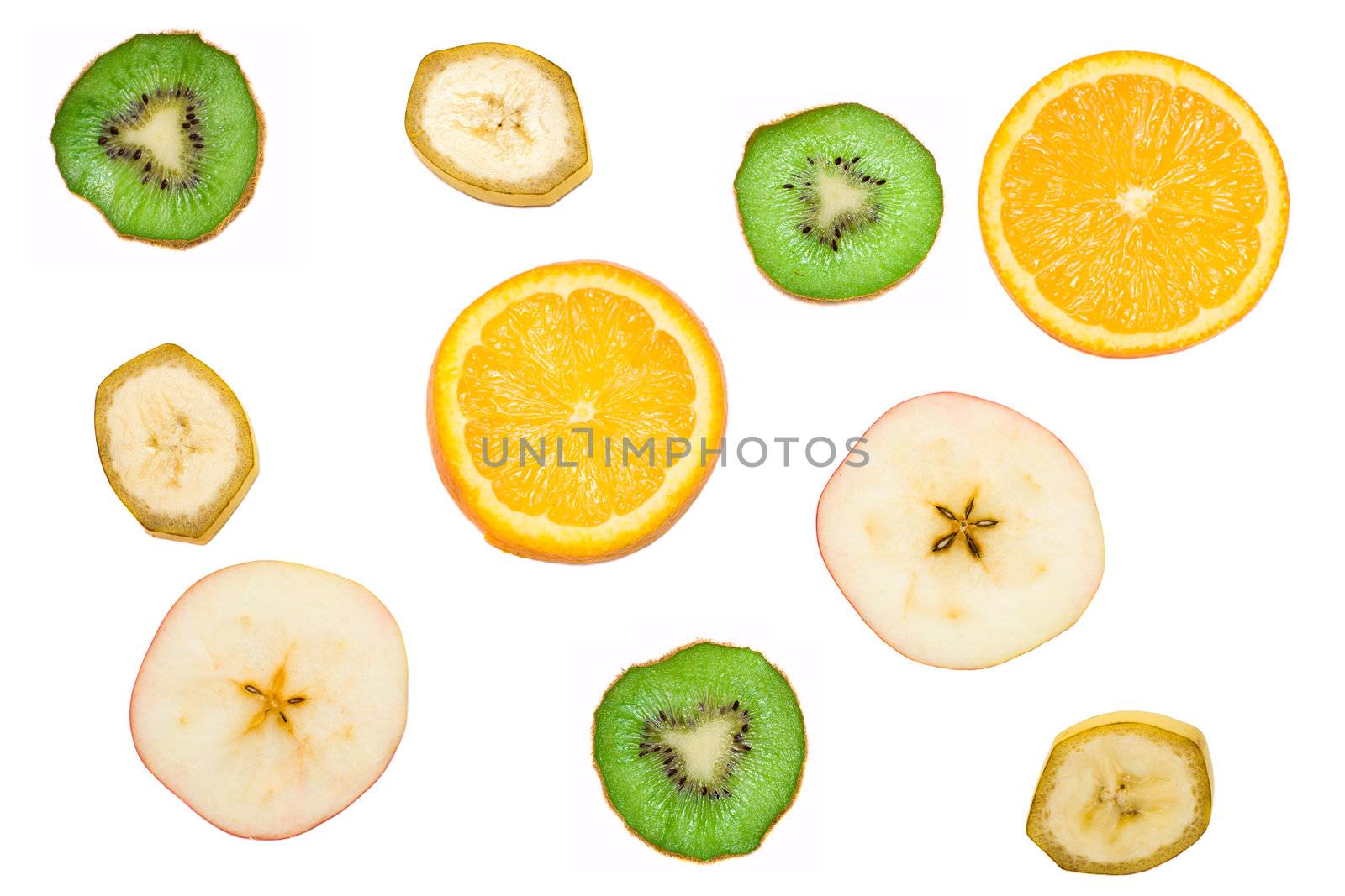 close-up many fruit slices, isolated on white