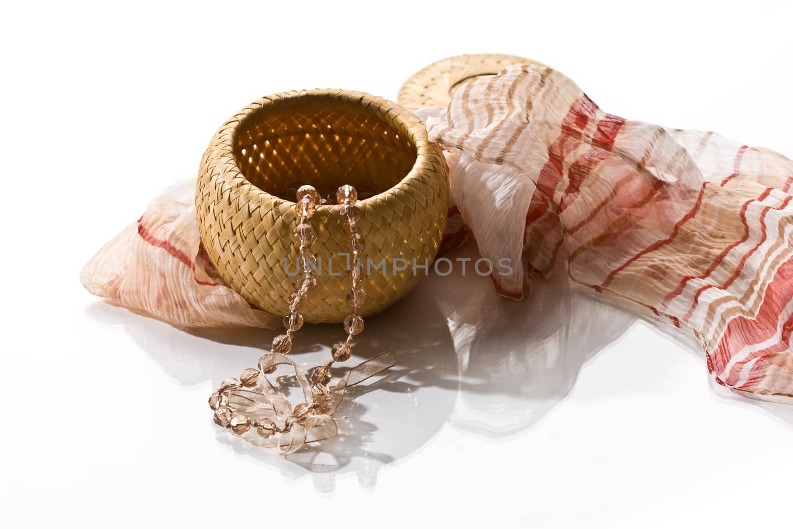 woman's accessory, still life with casket, beads and scarf