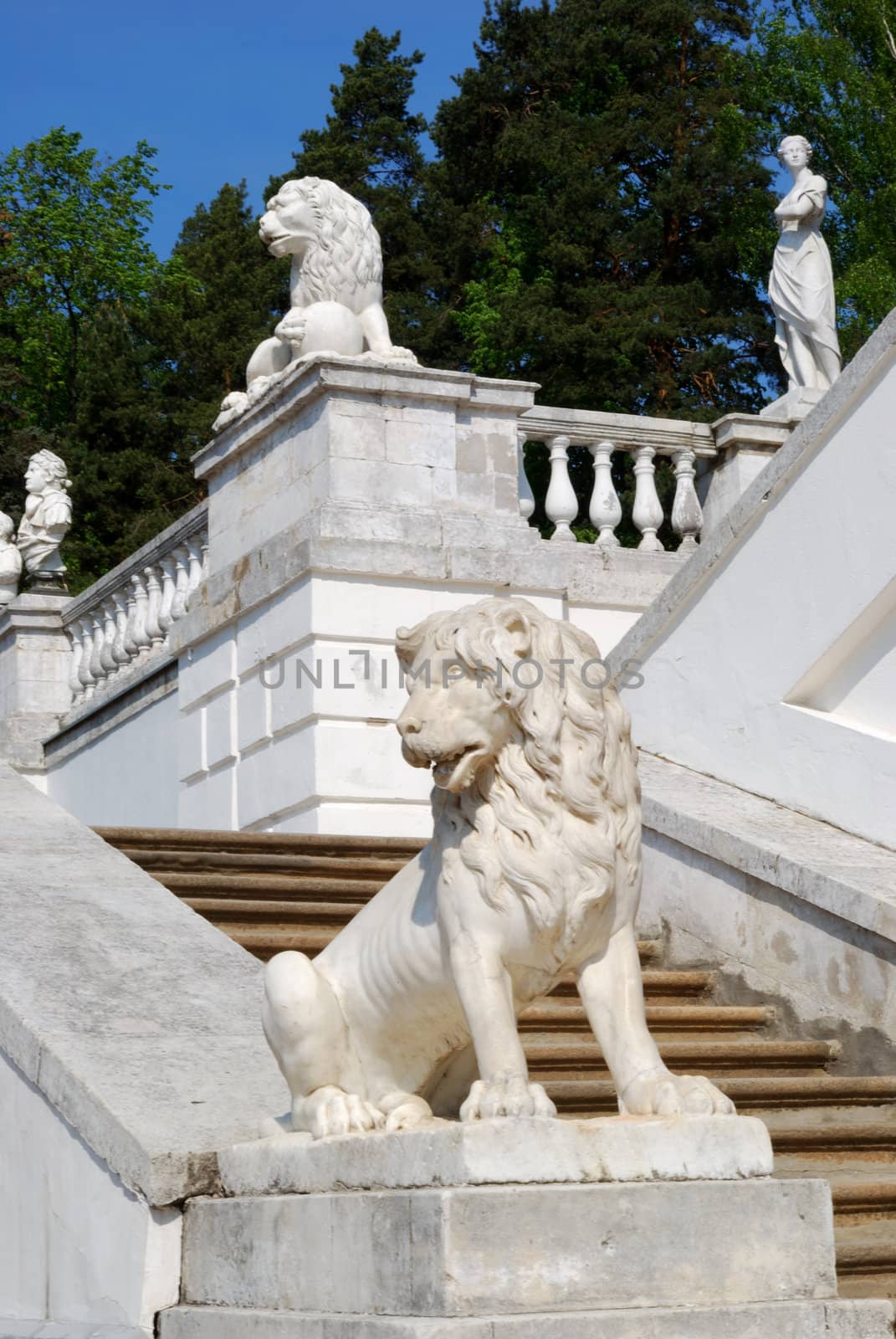 Stairs with classical marble statues in terraced garden. Arkhangelskoe estate, Moscow, Russia