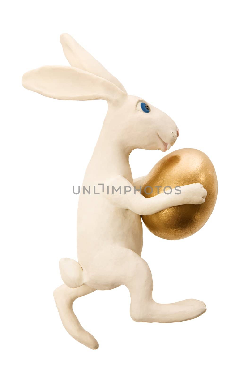  White toy rabbit with gold egg.The image contains a path

