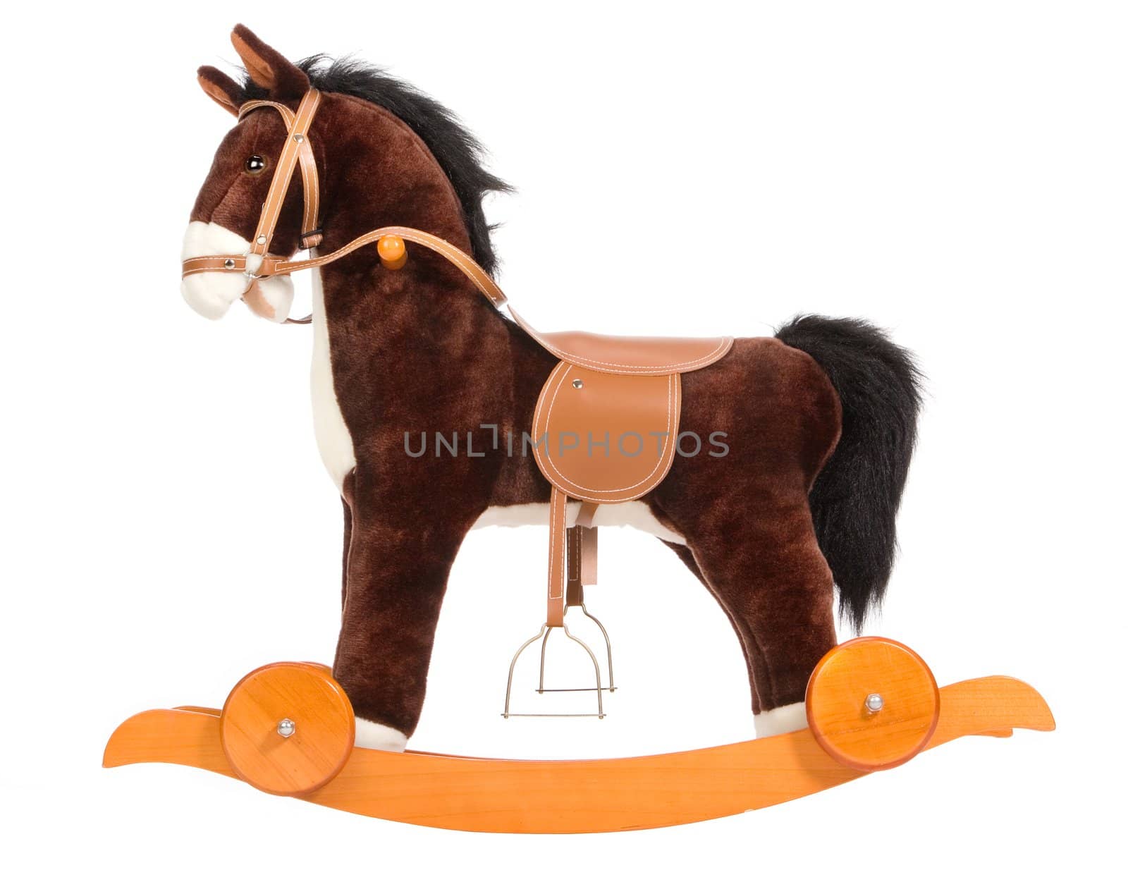 Brown toy horse with a saddle, a bridle and wheels
