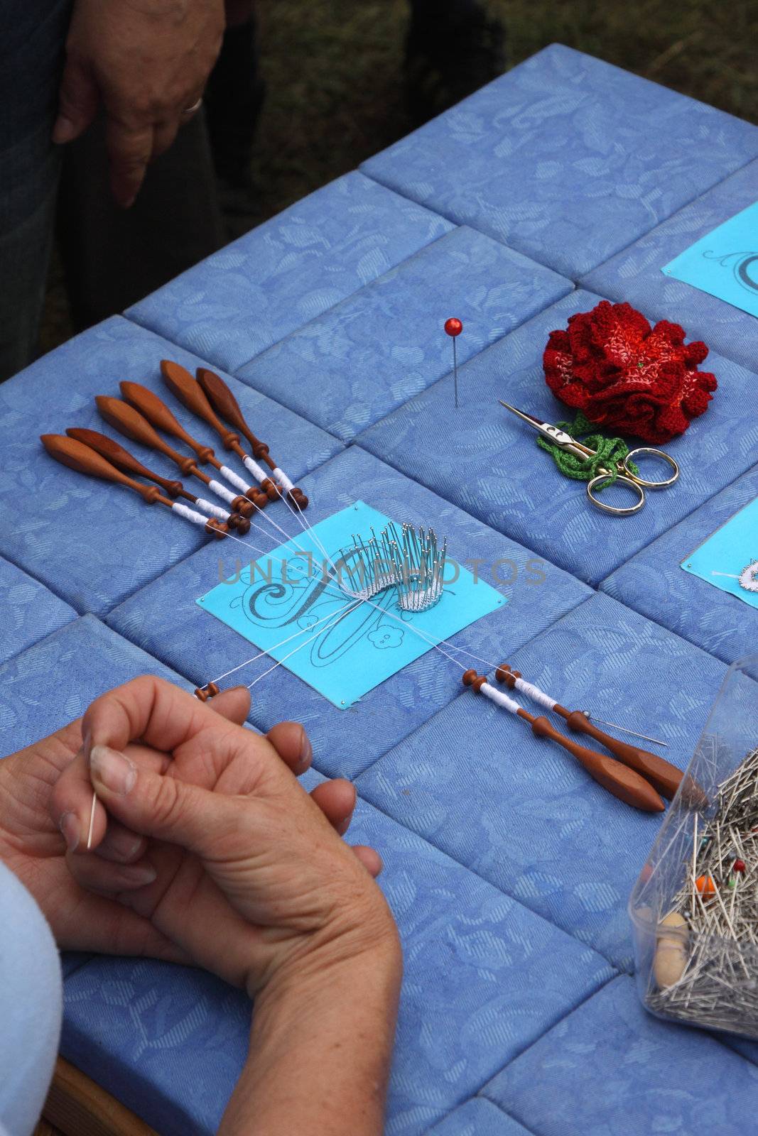 Process of lace-making with bobbins 