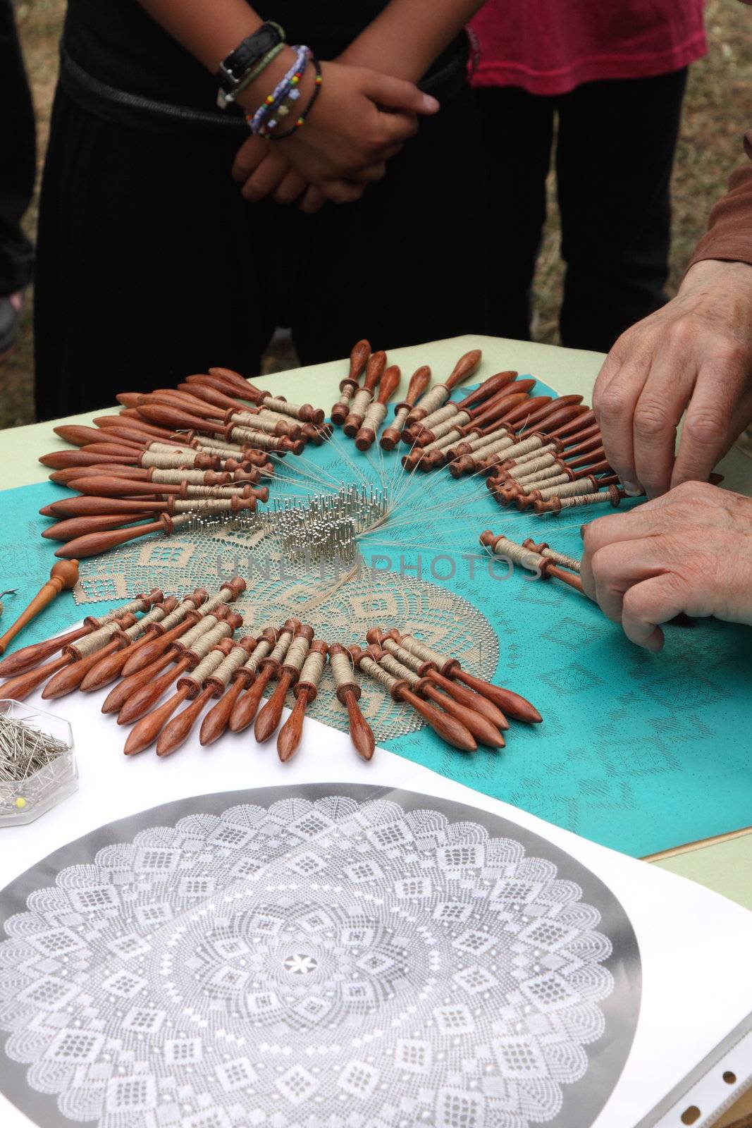 Process of lace-making with bobbins 