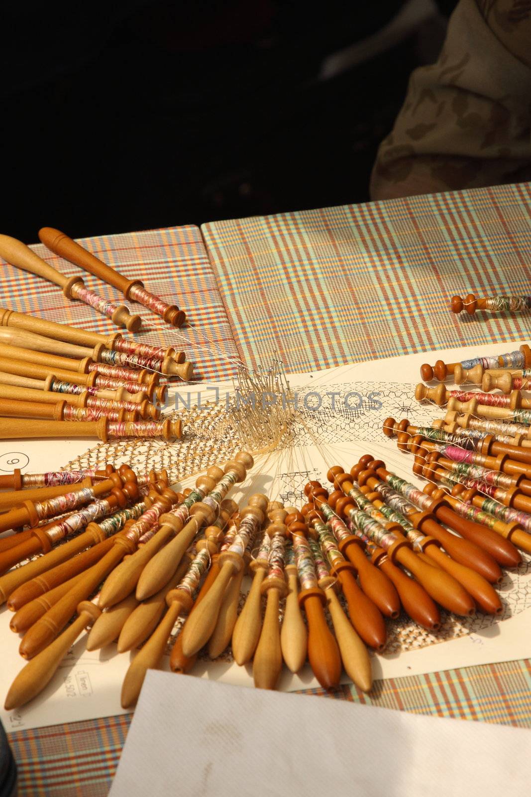Process of lace-making with bobbins 