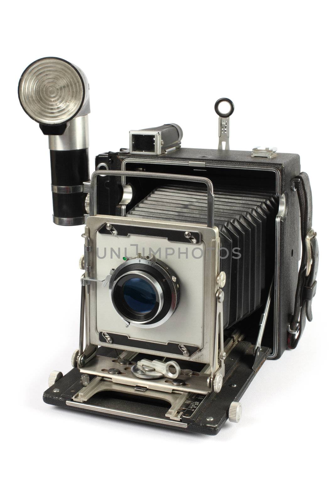 Photo of an antique 4x6-inch camera isolated on white background. Slight shadow visible around bottom of camera.