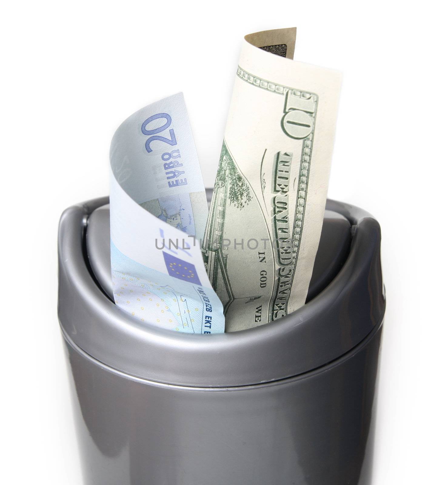 Money in trash bin, isolated
