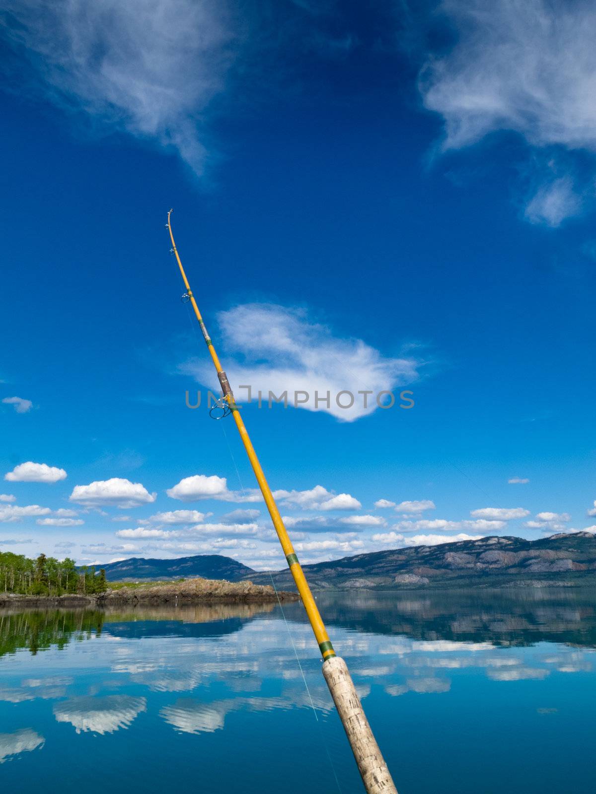 Fishing rod bends under weight of fish that just took lure in Lake Laberge, Yukon Territory, Canada