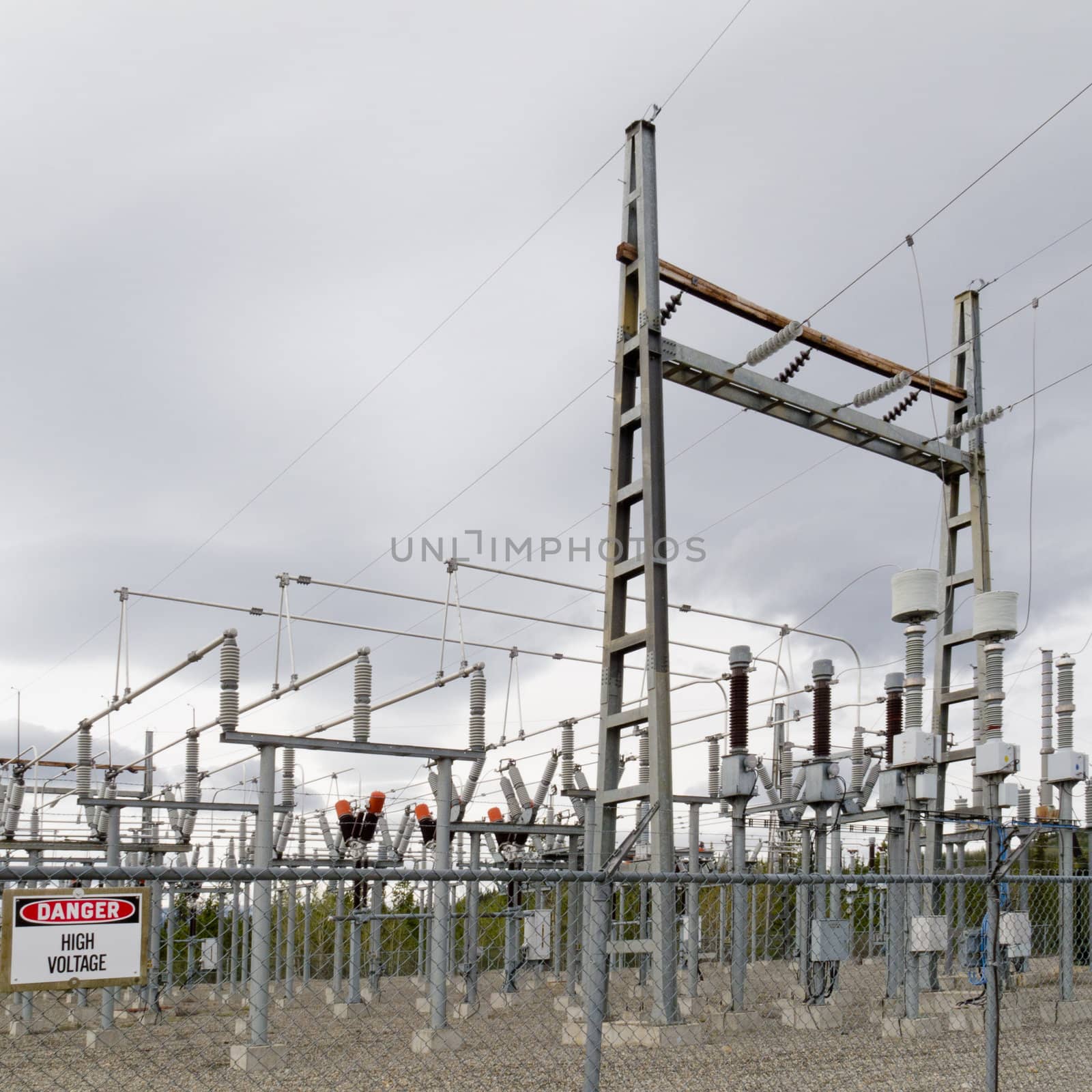 High-voltage transformer substation serving the power grid.