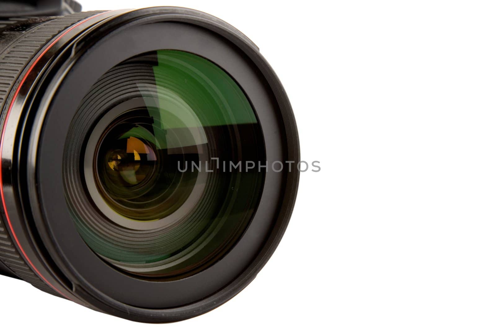 closeup of professional photo lens, isolated on white background