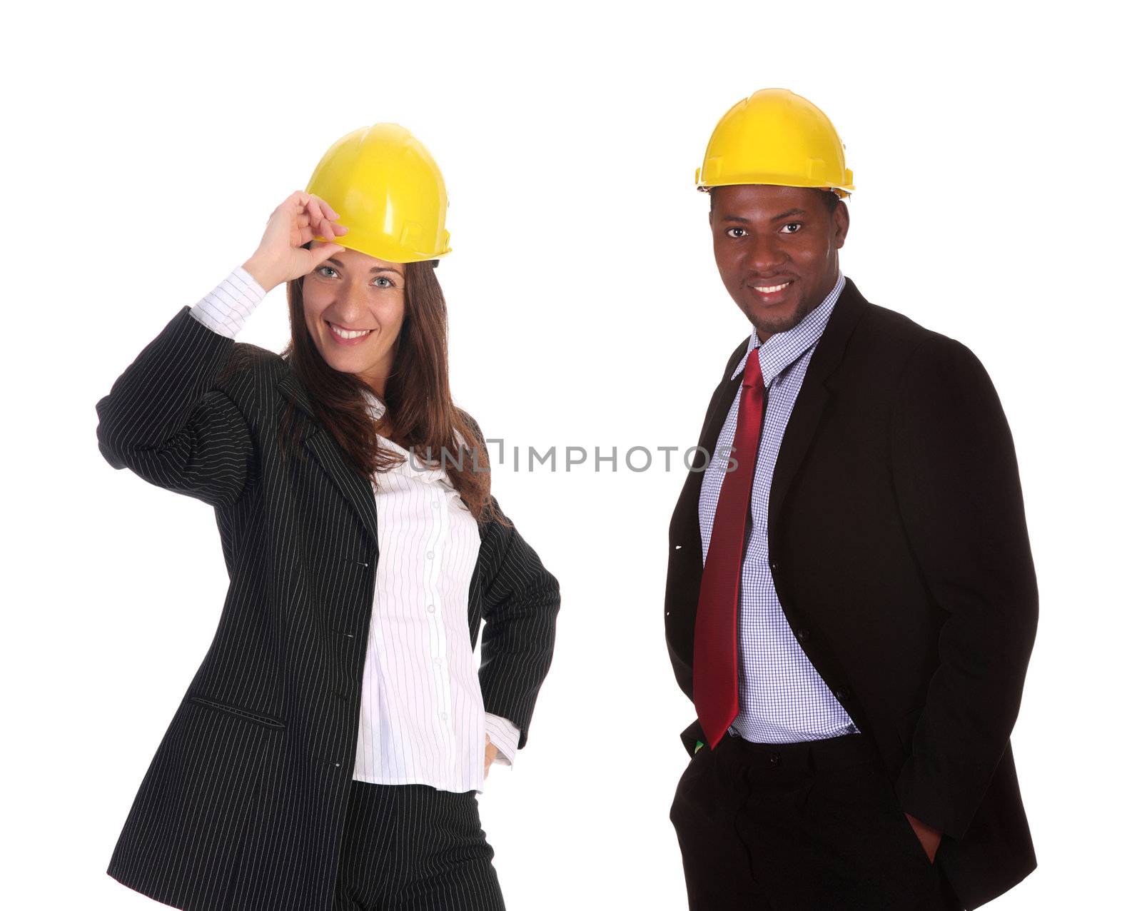 smiling businesswoman and businessman on white background