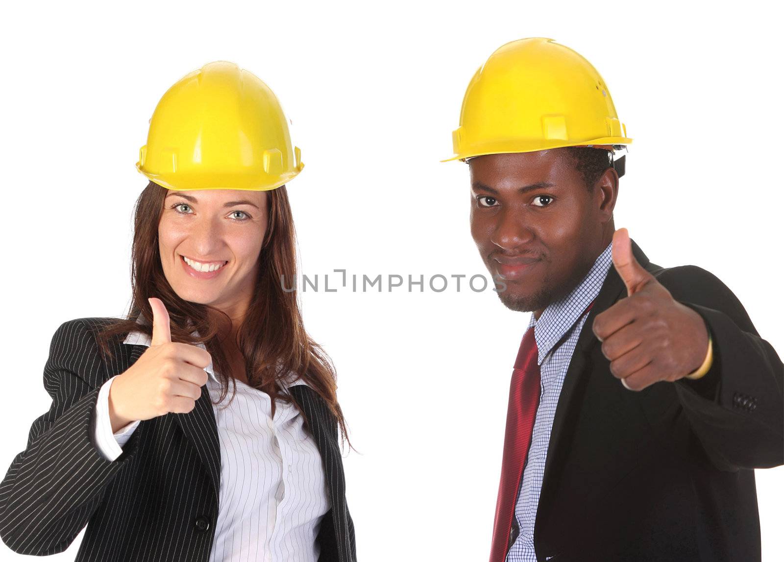 smiling businesswoman and businessman on white background