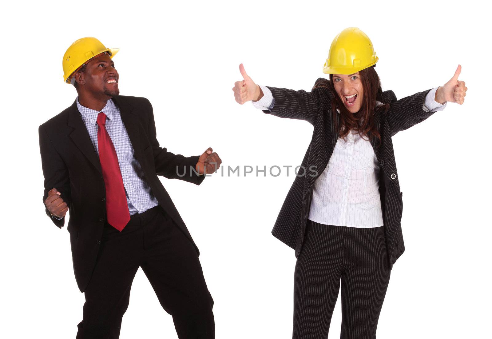 joyful businesswoman and businessman on white background