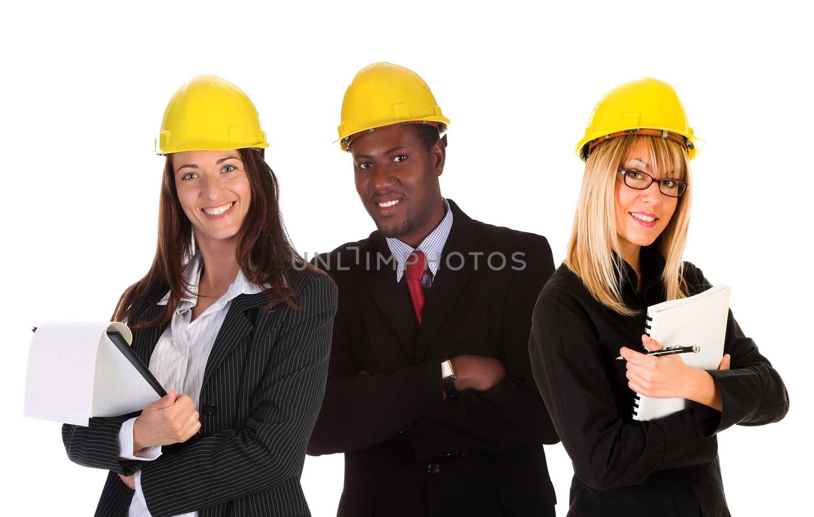 two businesswoman with documents and businessman on white background