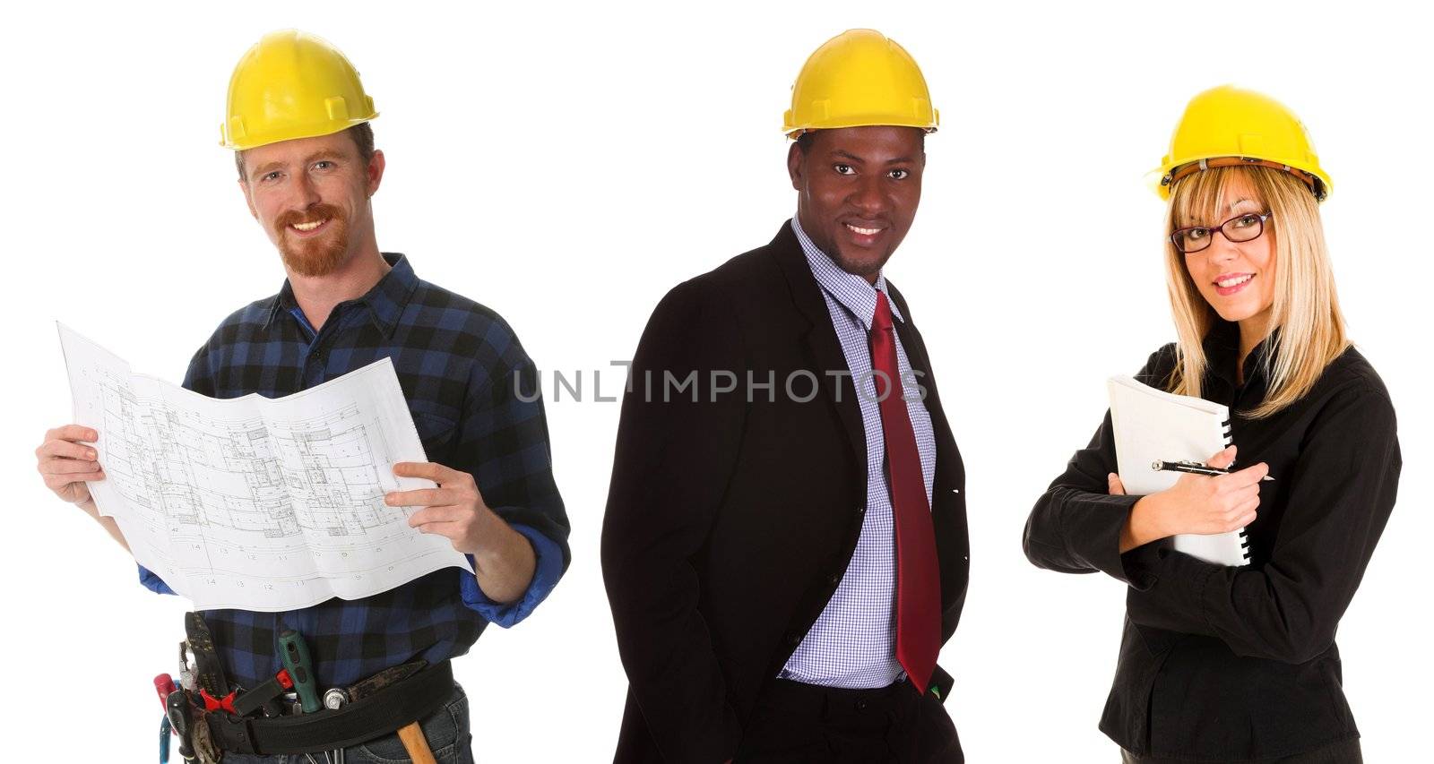 business team with blueprint and documents on white background