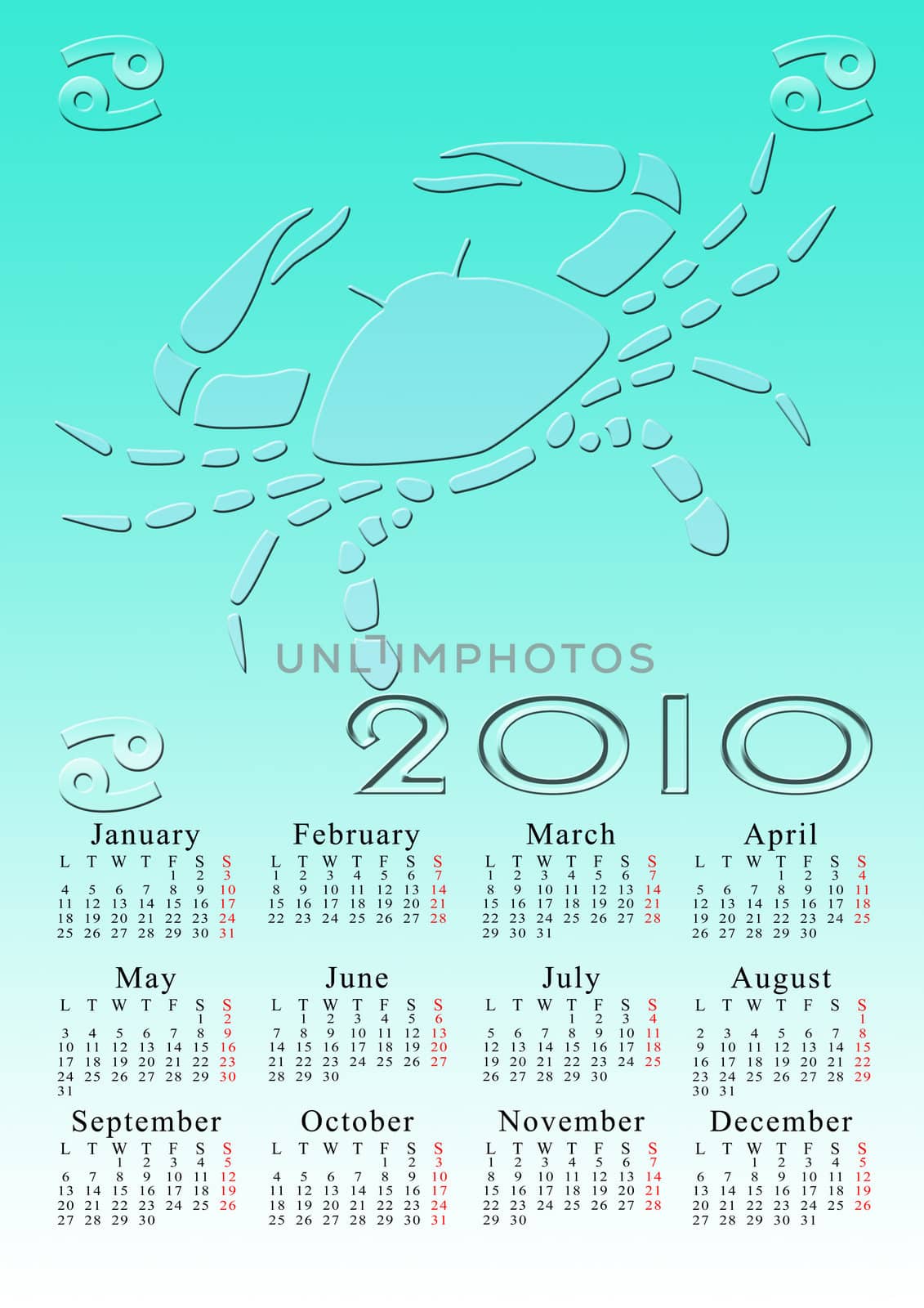 cancer. calendar for the year 2010 with the astrological sign
