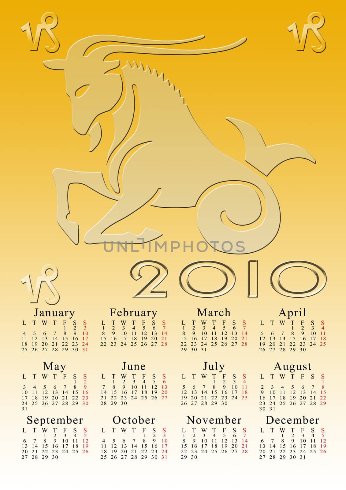 capricorn. calendar for the year 2010 with the astrological sign
