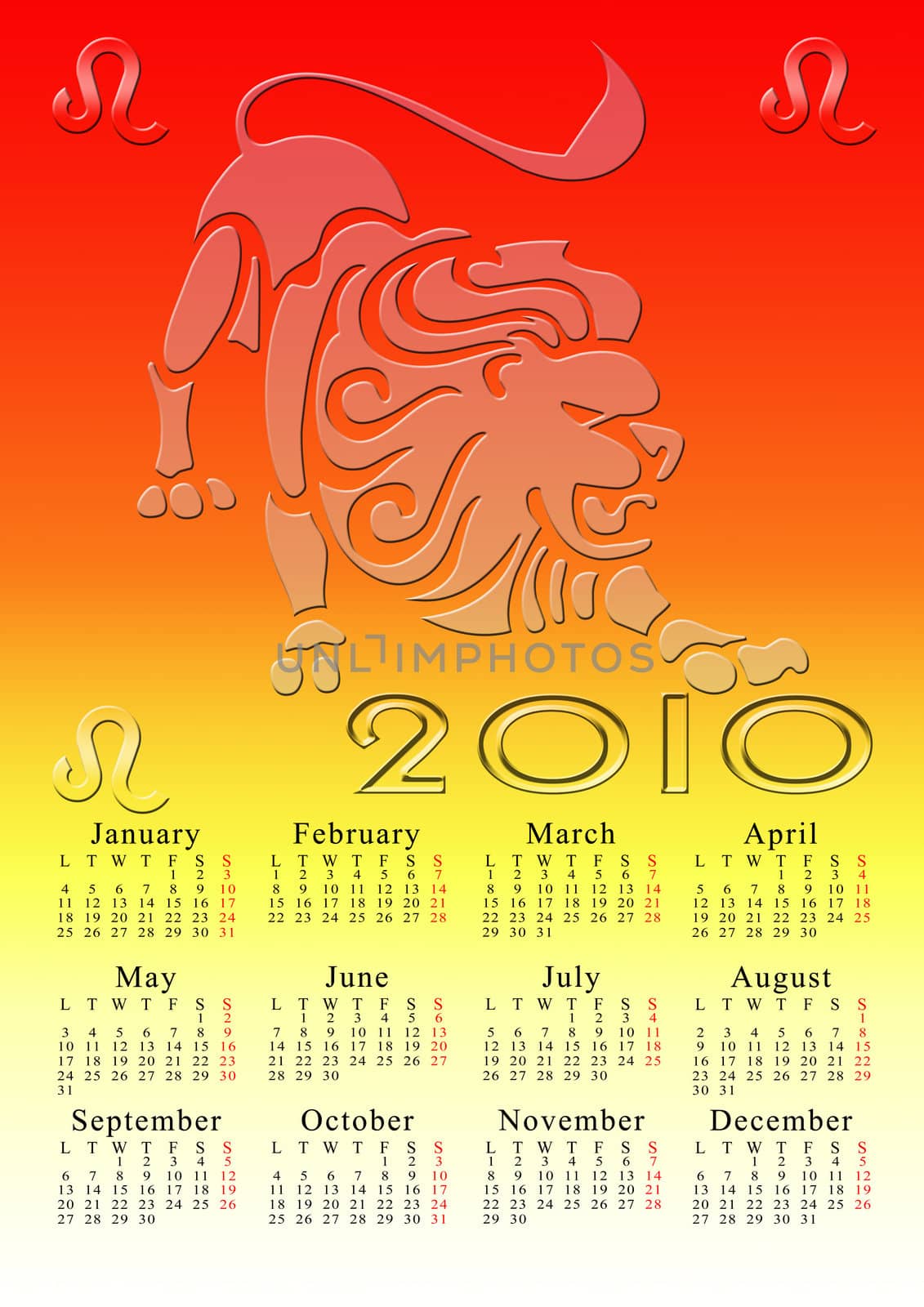 leo. calendar for the year 2010 with the astrological sign
