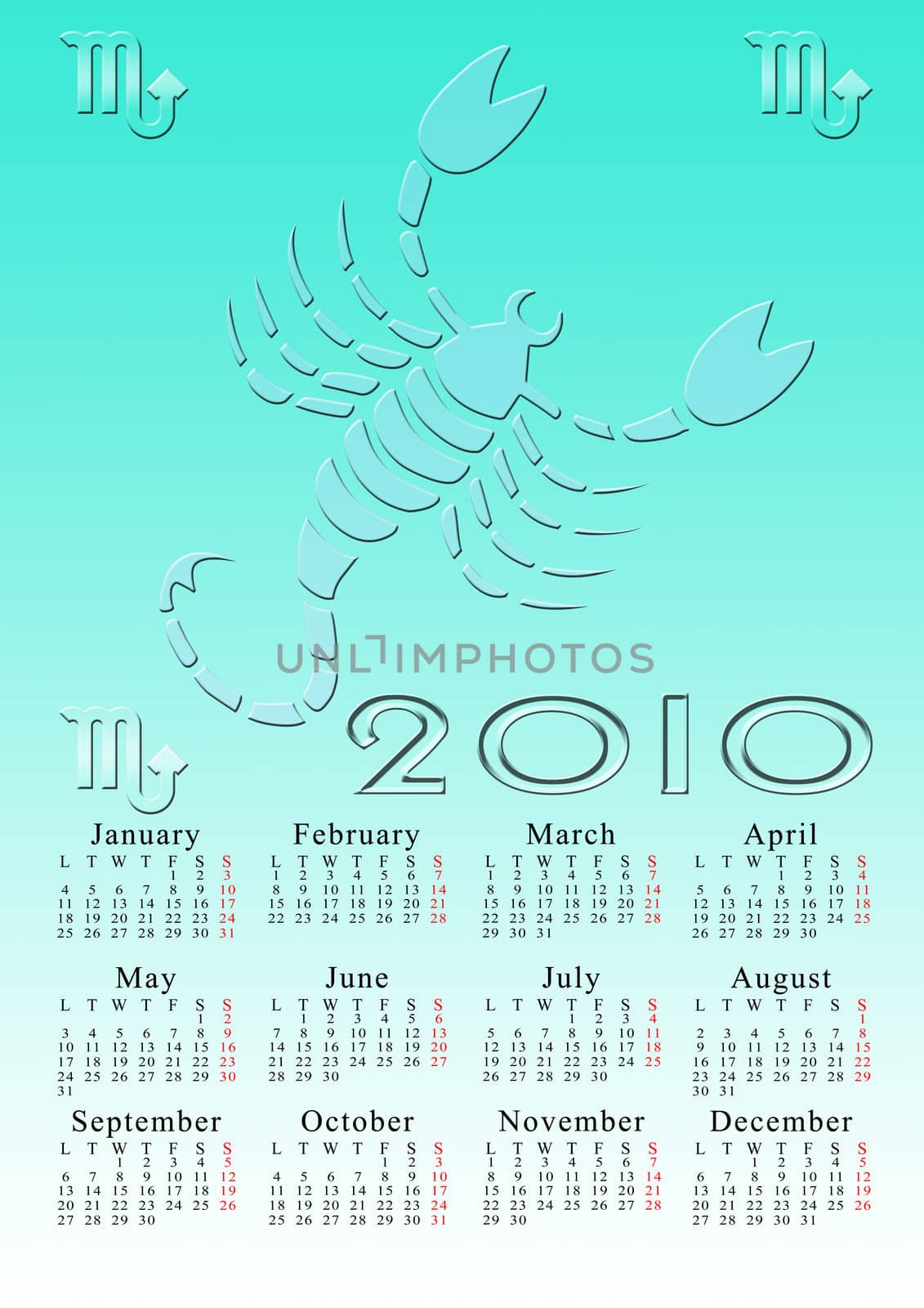 scorpio. calendar for the year 2010 with the astrological sign
