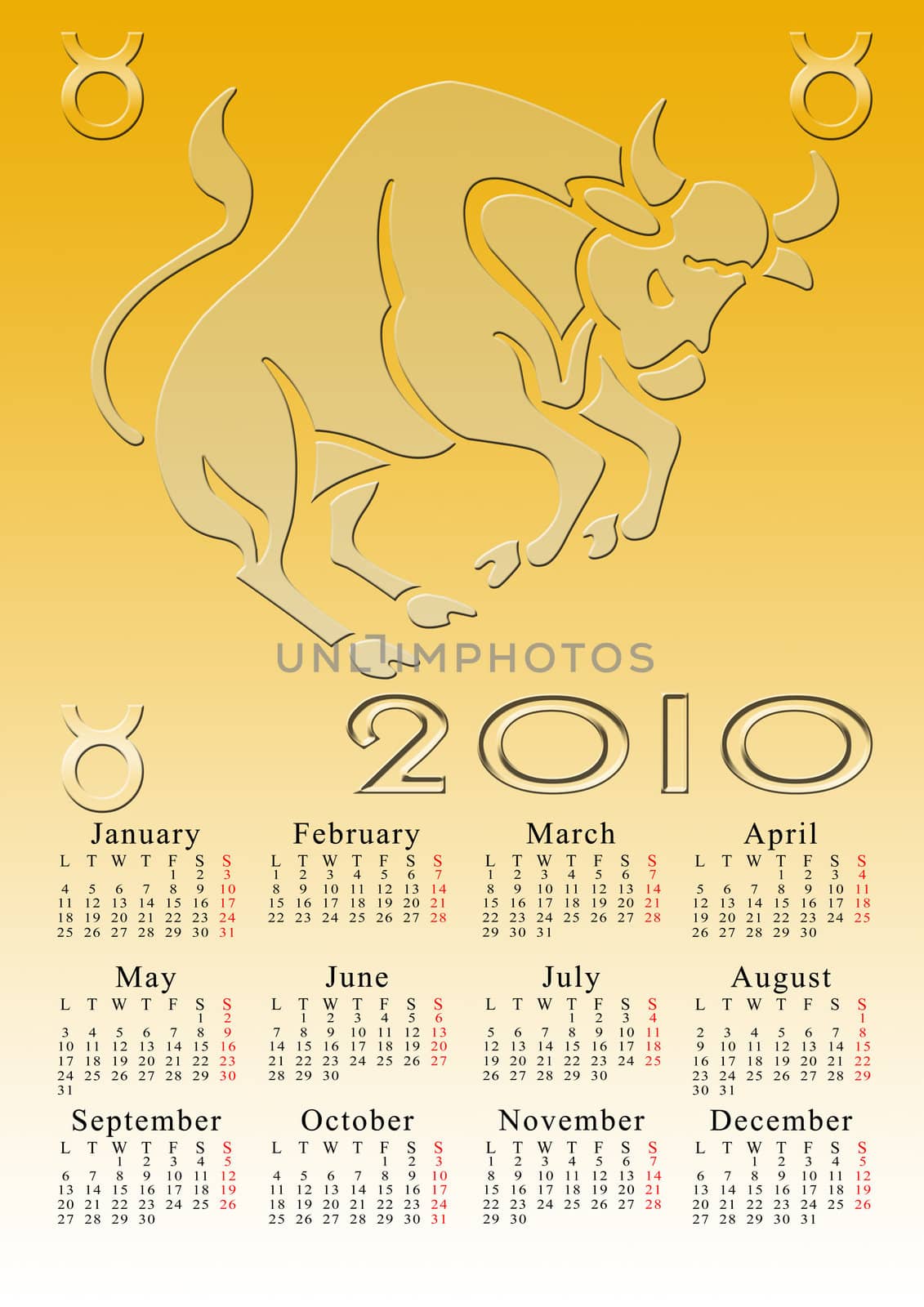 taurus. calendar for the year 2010 with the astrological sign
