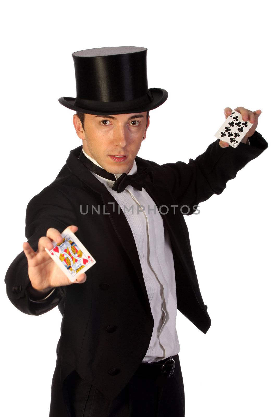 young magician performing with cards on white background