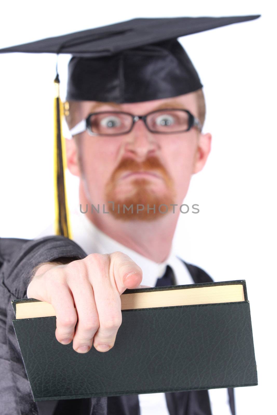 angry graduation a young man on white background