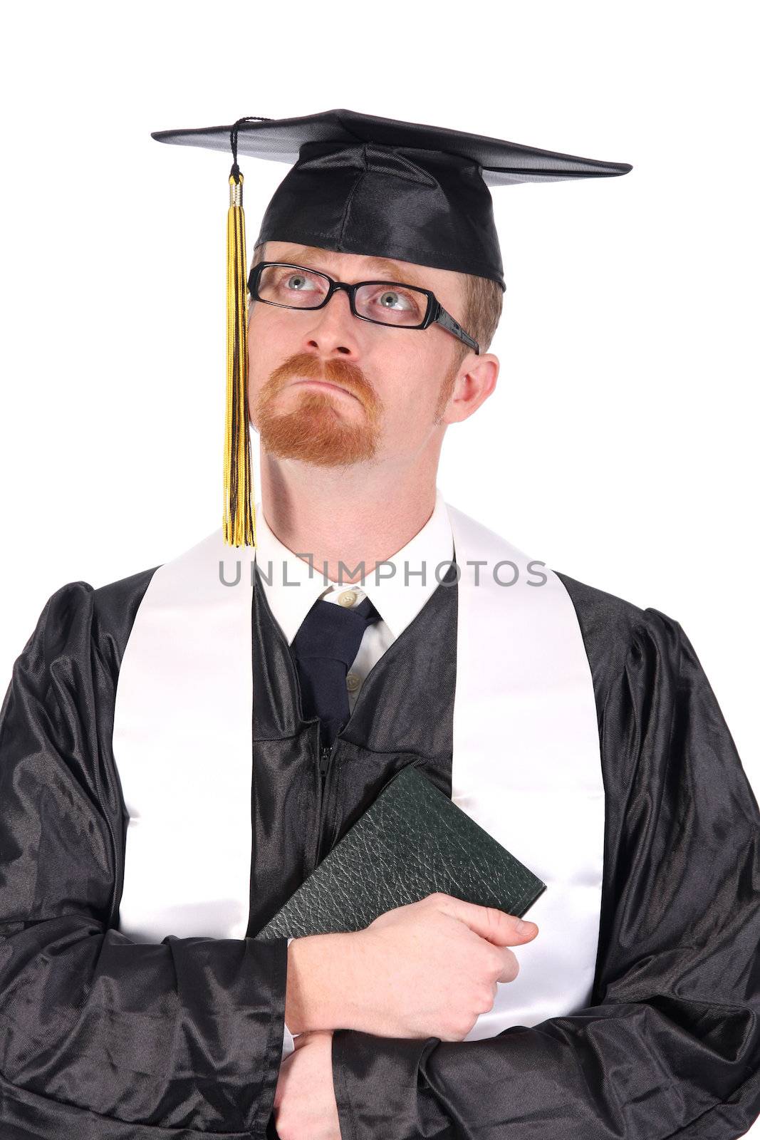 graduation a young man cry on white background