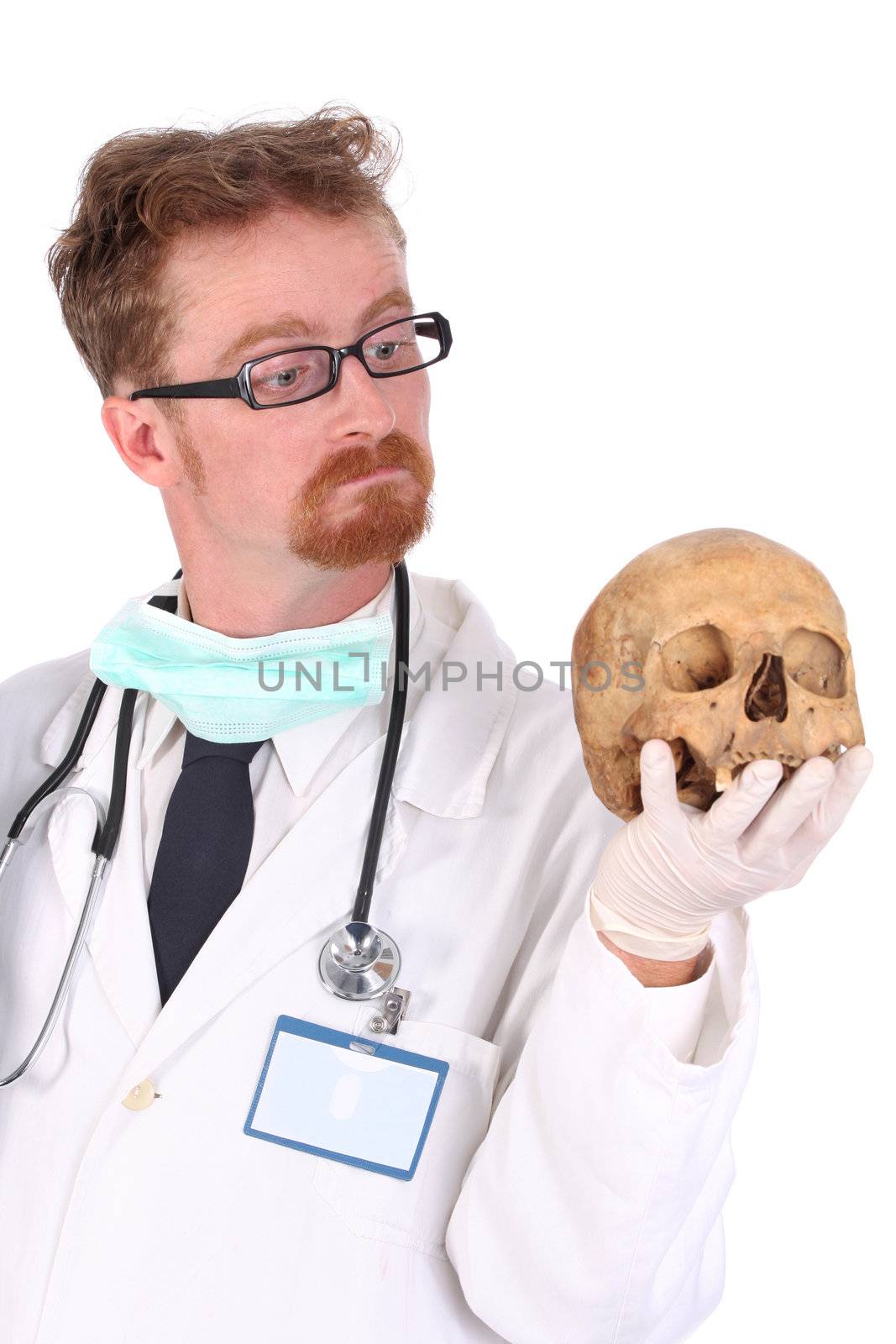 Details doctor with skull on white background