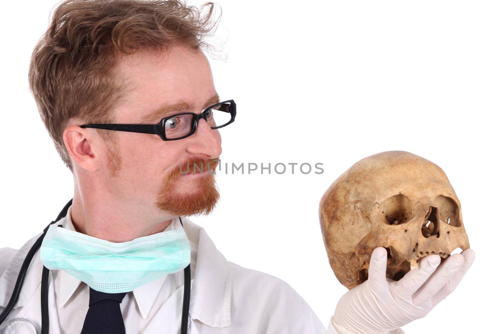 Details doctor with skull on white background