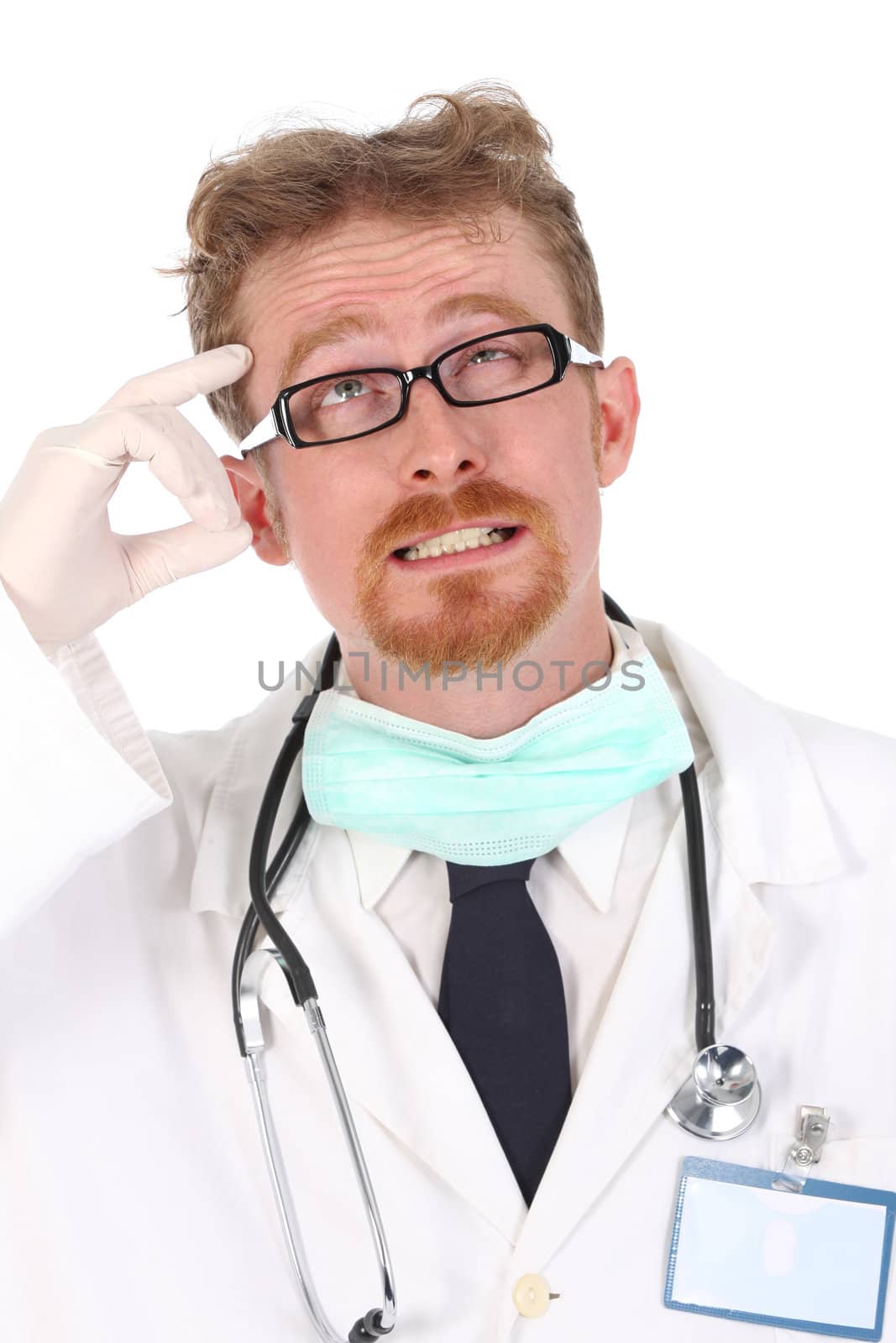 details thinking doctor with stethoscope on white background