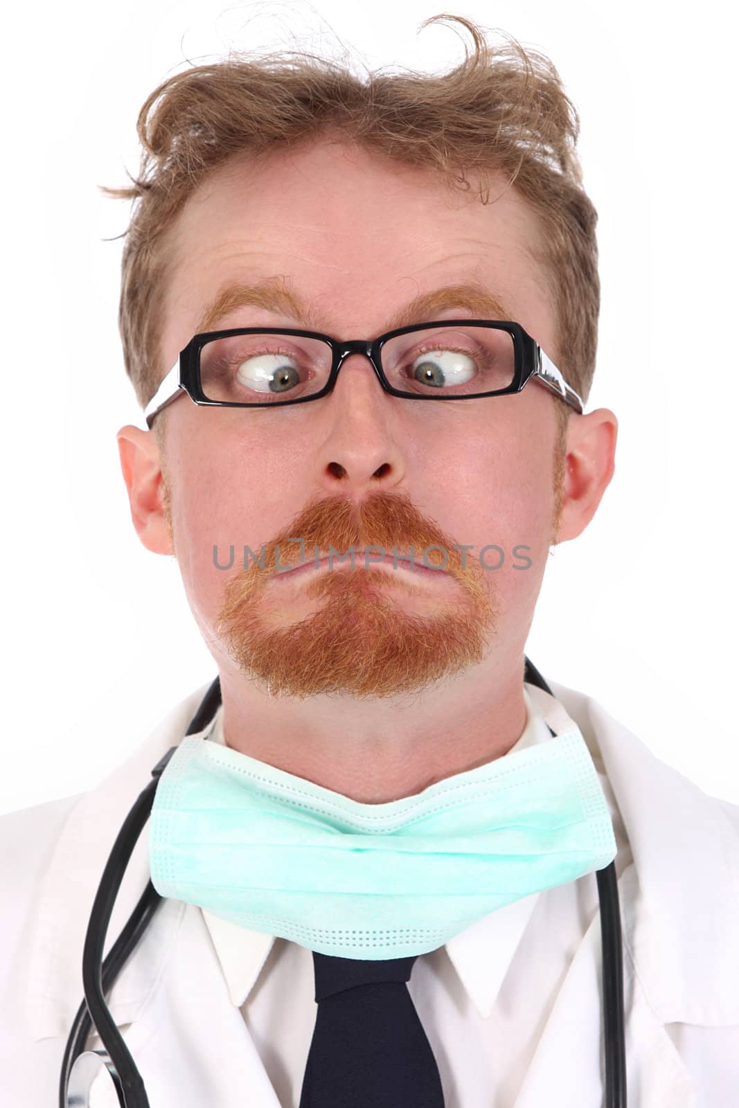 portrait of very funny doctor looking a nose 
