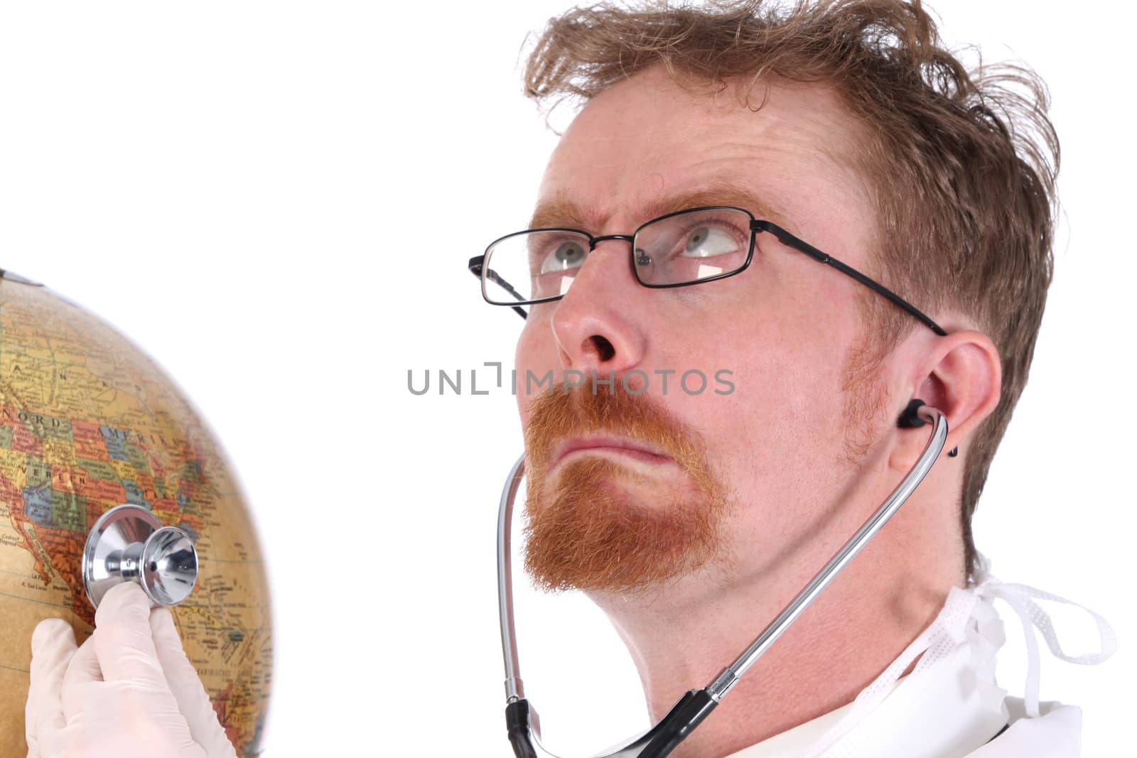 details funny doctor examine a globe with stethoscope