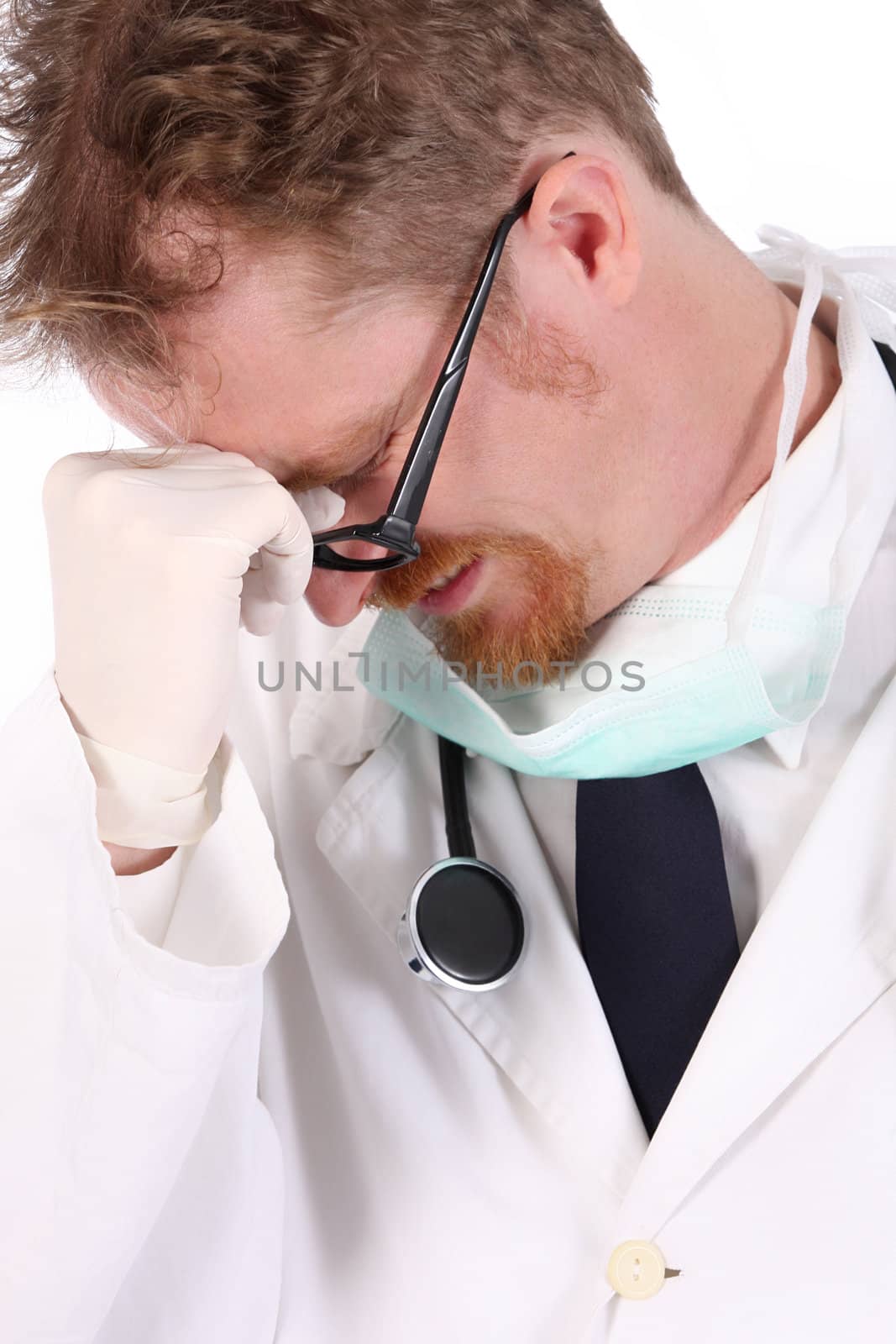 depressed doctor on white background