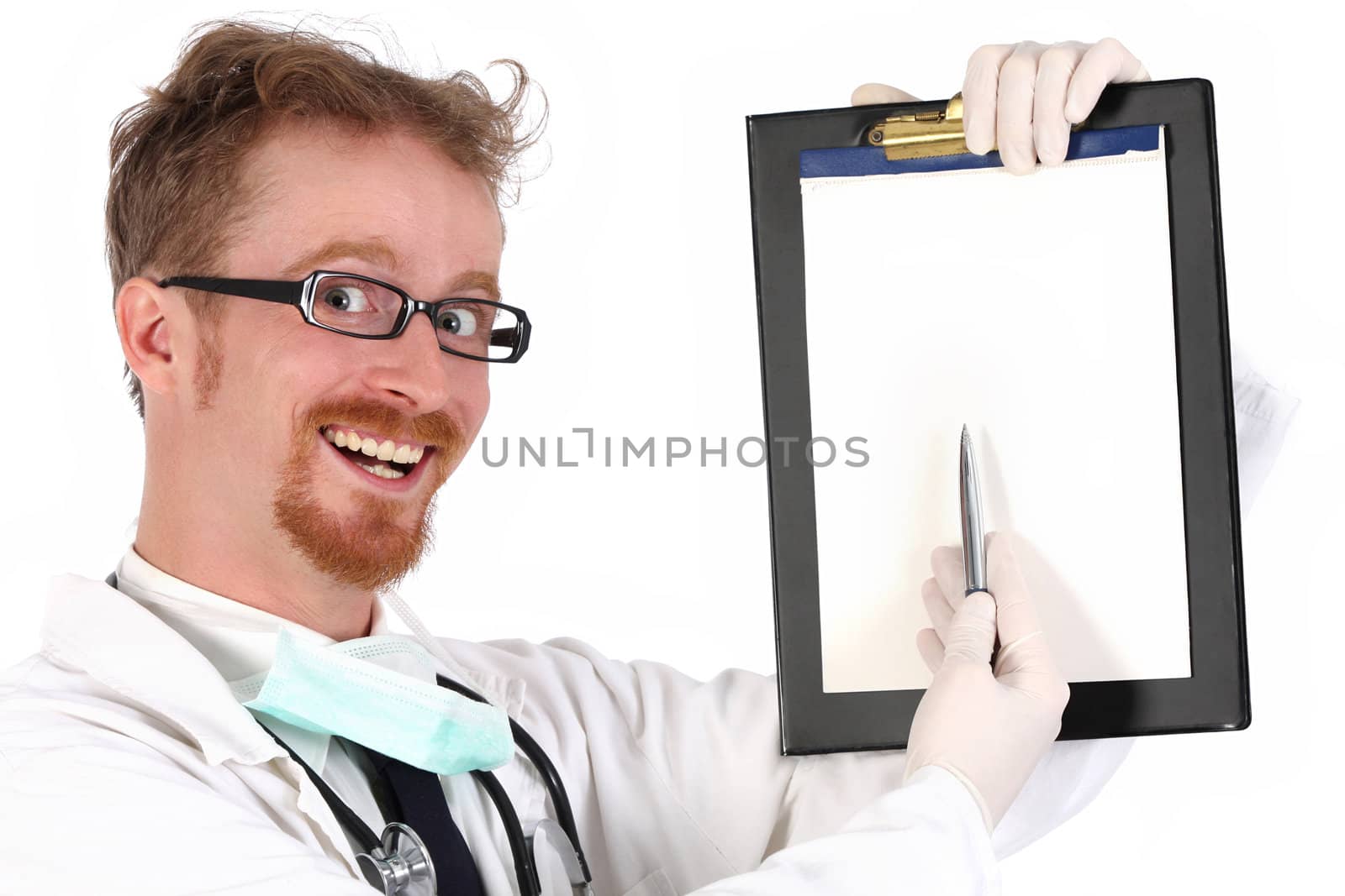 doctor holding a folder of information on white background