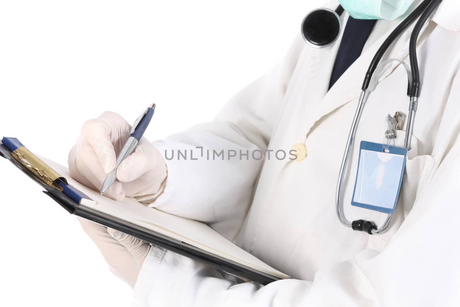 doctor holding a folder of information on white background