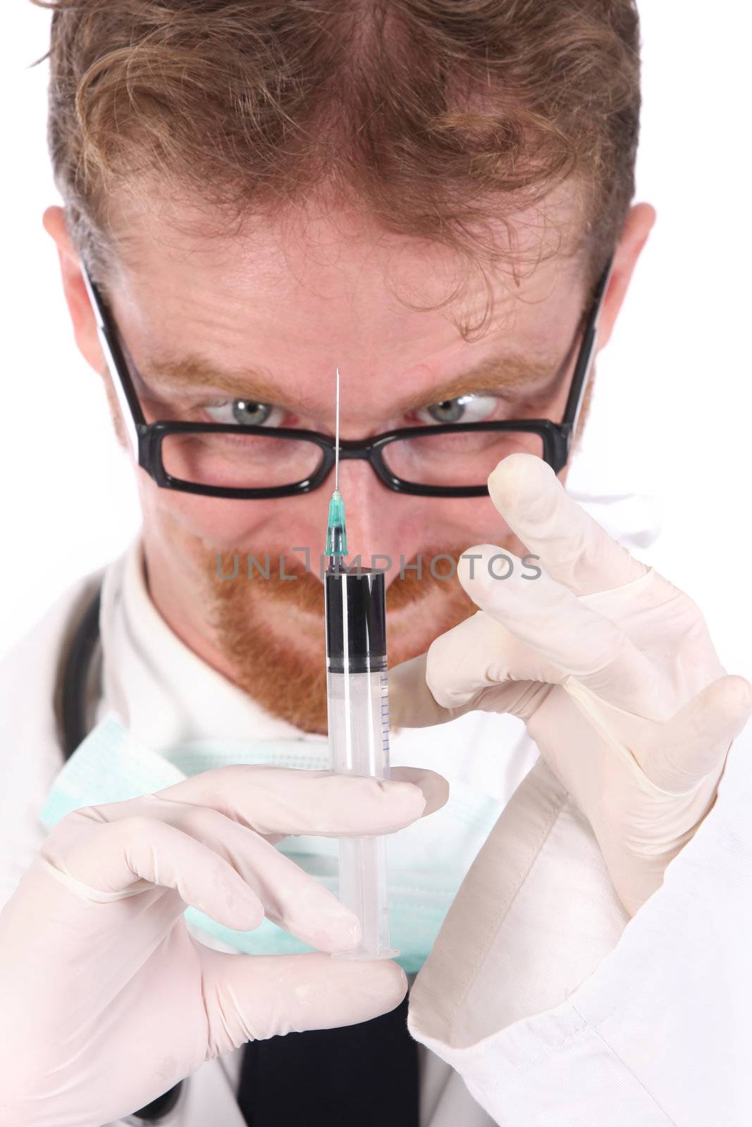 details doctor with injection on white background