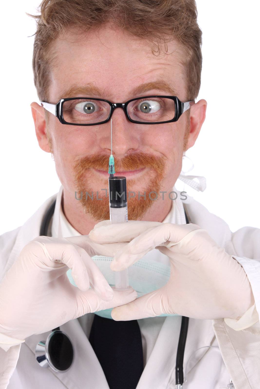 details doctor with injection on white background
