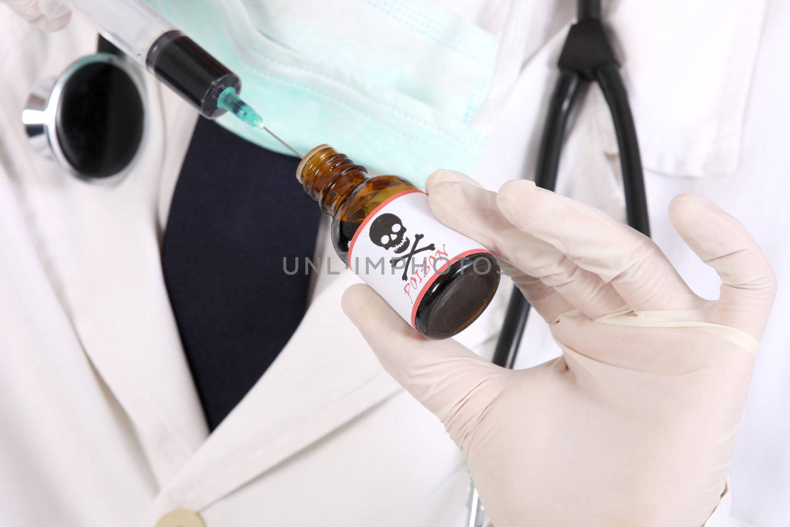 doctor with poison bottle and injection on white background