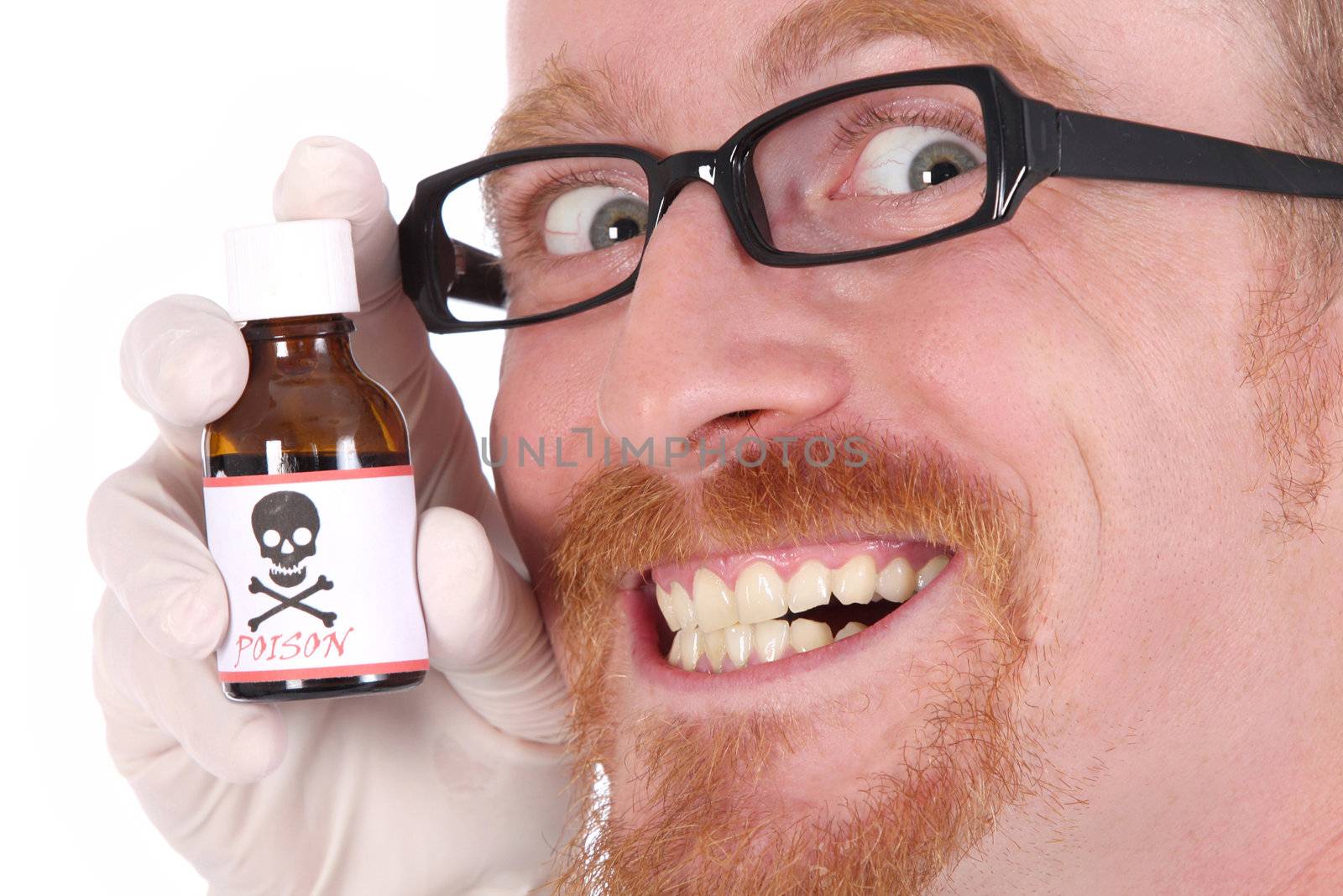 doctor with poison bottle on white background