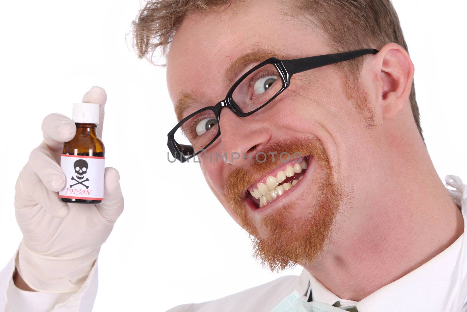 doctor with poison bottle on white background