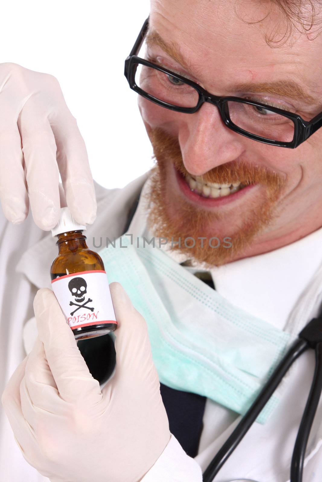 doctor with poison bottle on white background