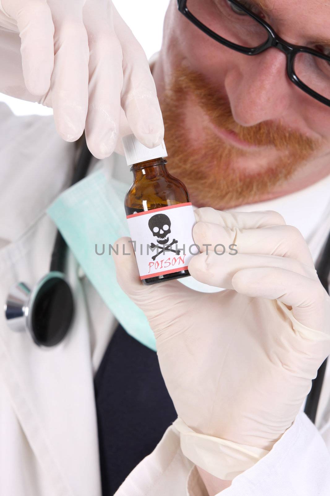 doctor with poison bottle on white background
