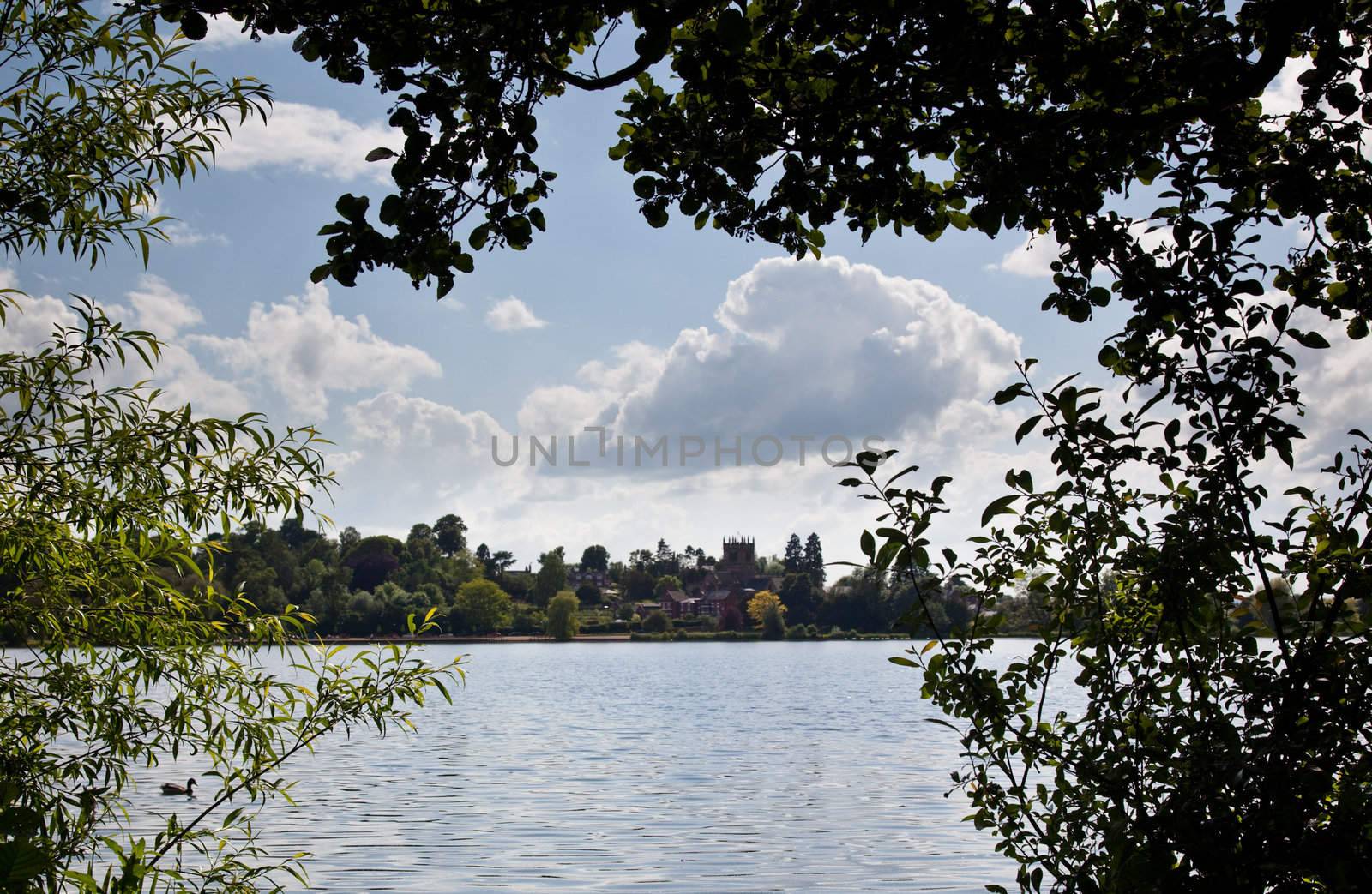 View of Ellesmere and lake framed by leaves of trees