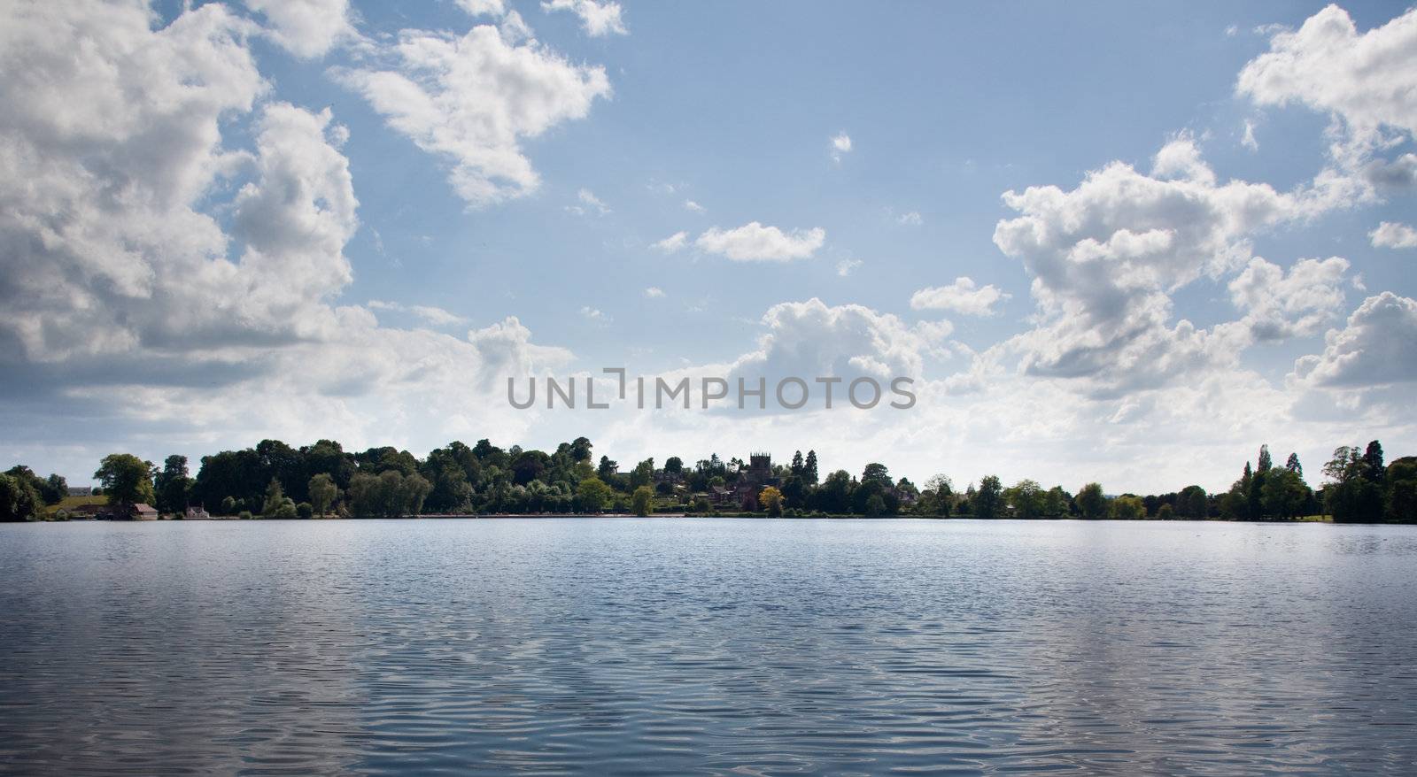 View of Ellesmere Lake in Shropshire with the town in the distance