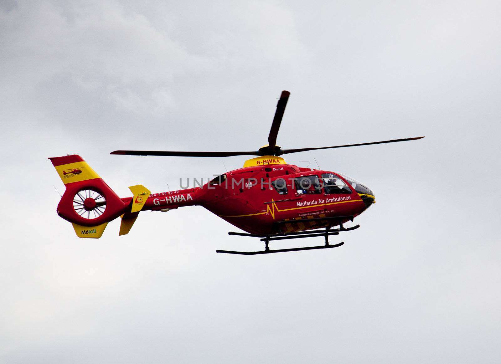 Close-up of air ambulance coming in to land