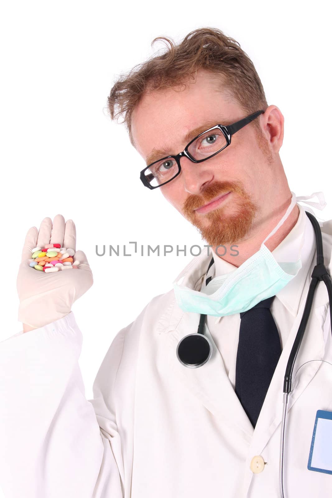doctor with tablets on white background